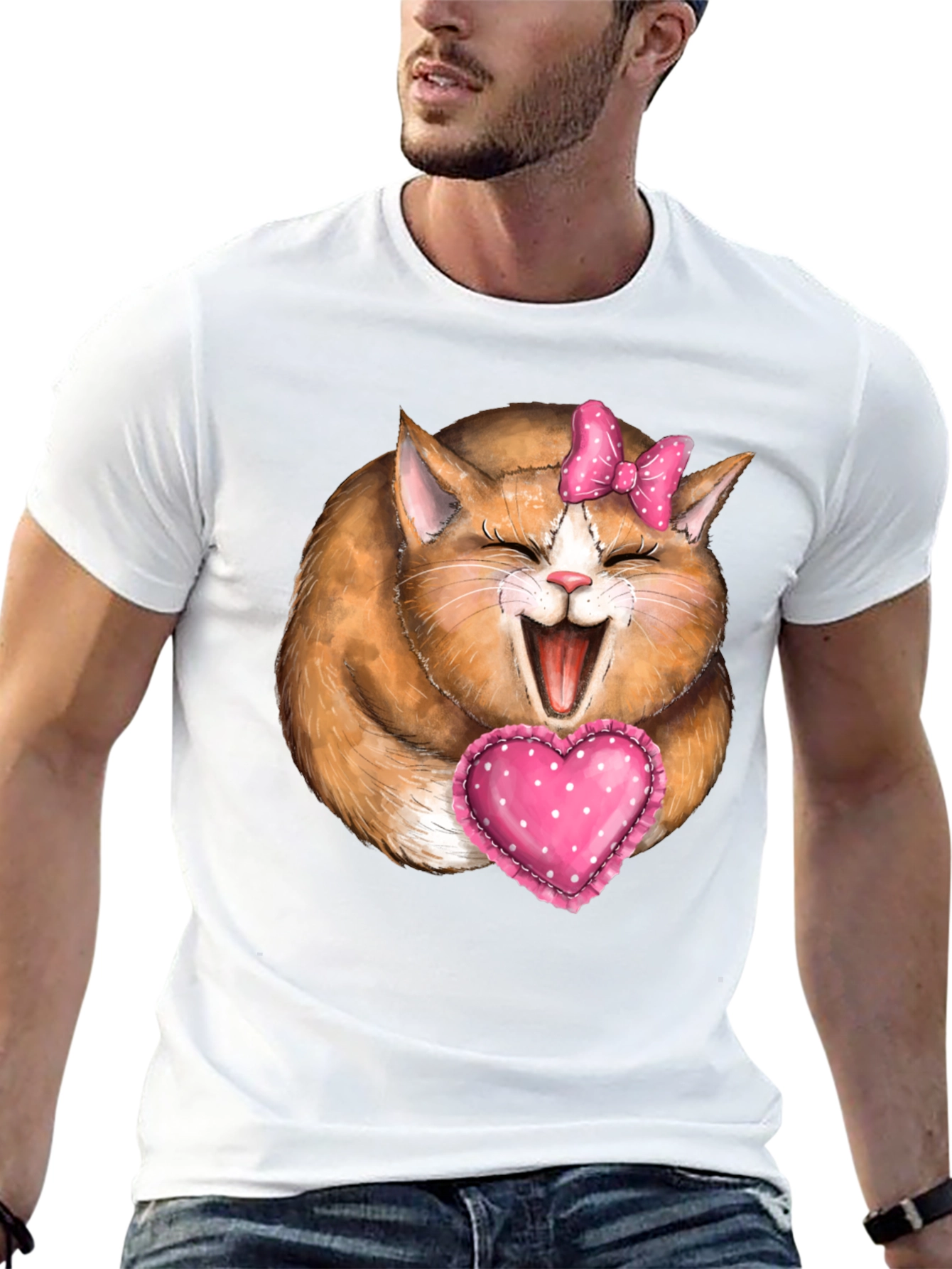 Cute Cat with Bow & Heart T-Shirt - Black