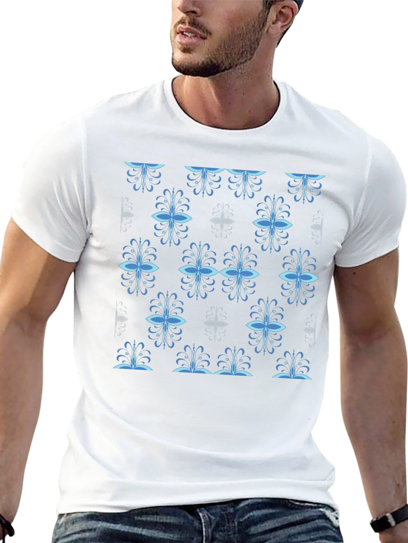 Stylish Black Tee with Blue Floral Pattern