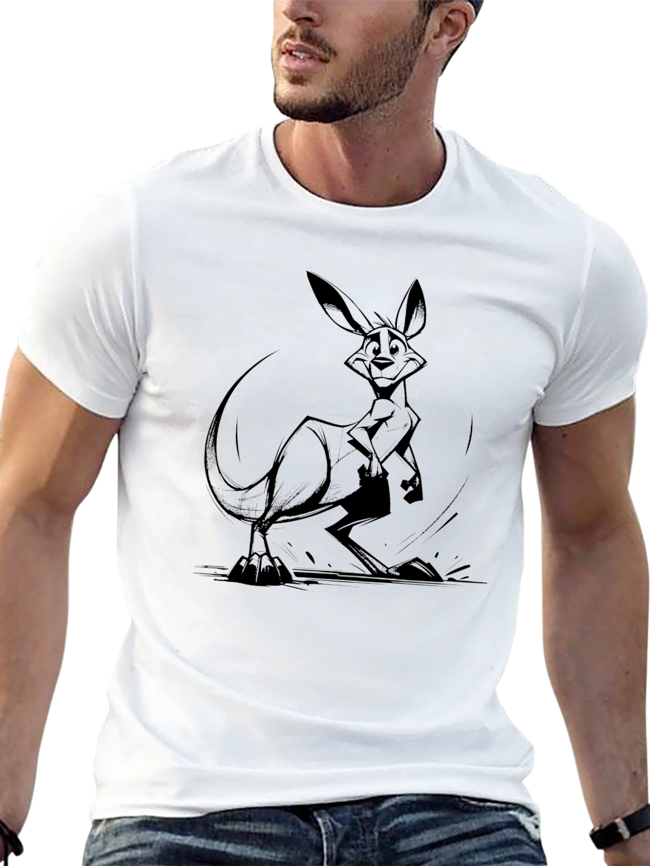 Kangaroo Graphic Tee - Black Cotton Casual T-Shirt