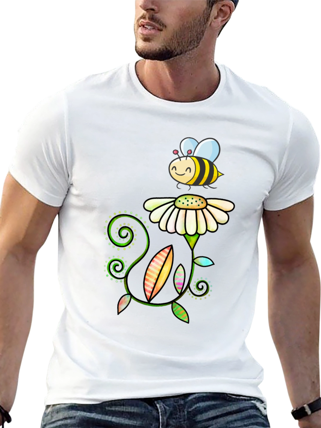 Bee and Flower Graphic Tee - Black Cotton T-Shirt