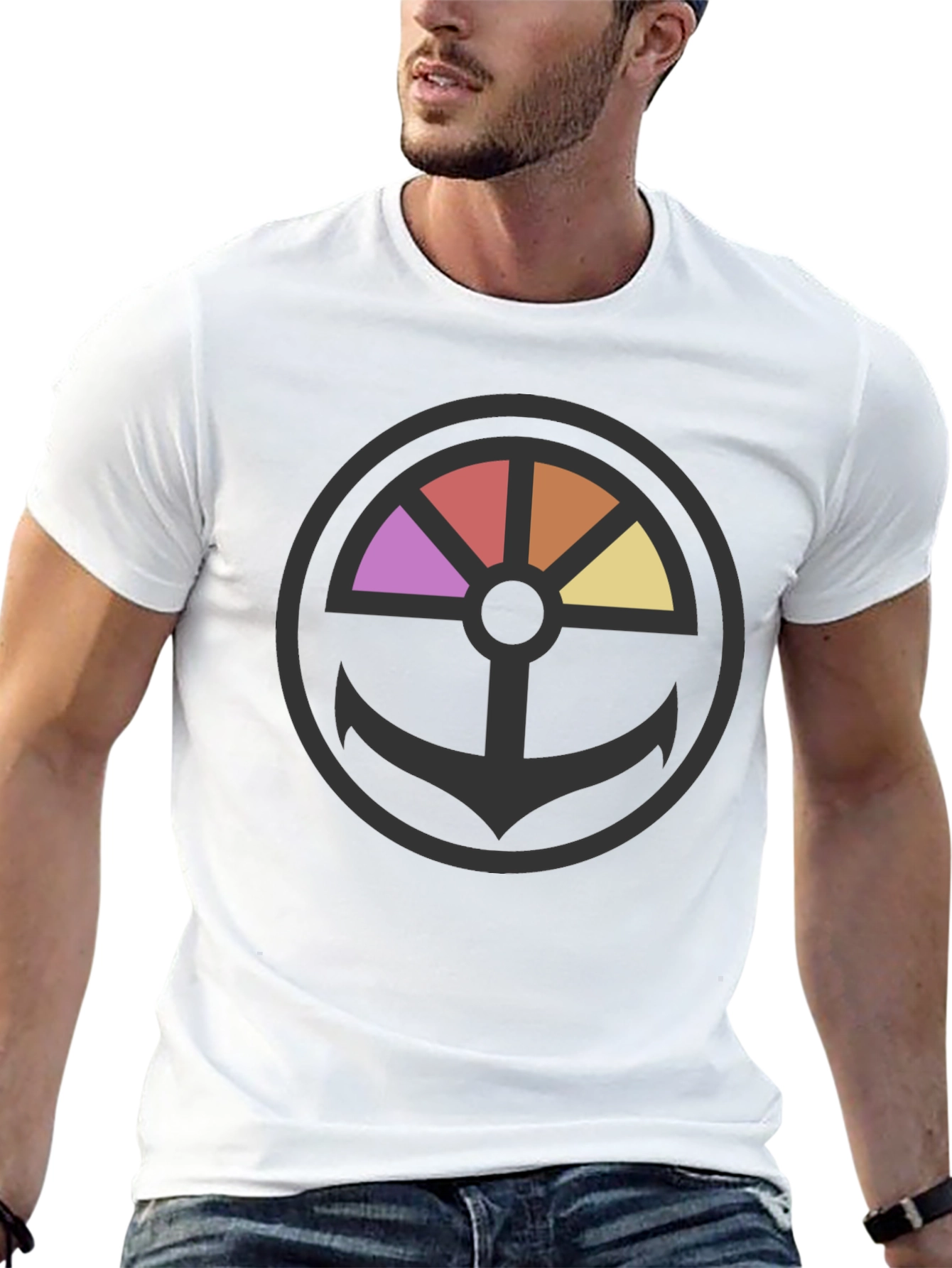 Stylish Anchor Wheel Graphic Black T-Shirt