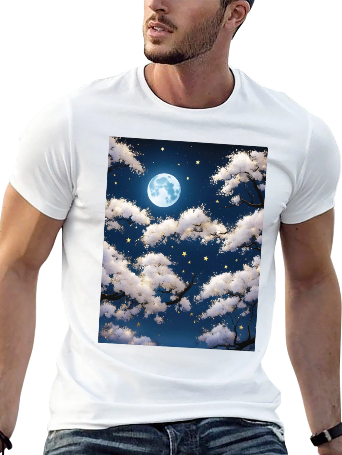 Moonlit Night Sky Graphic Tee - Black Cotton T-Shirt