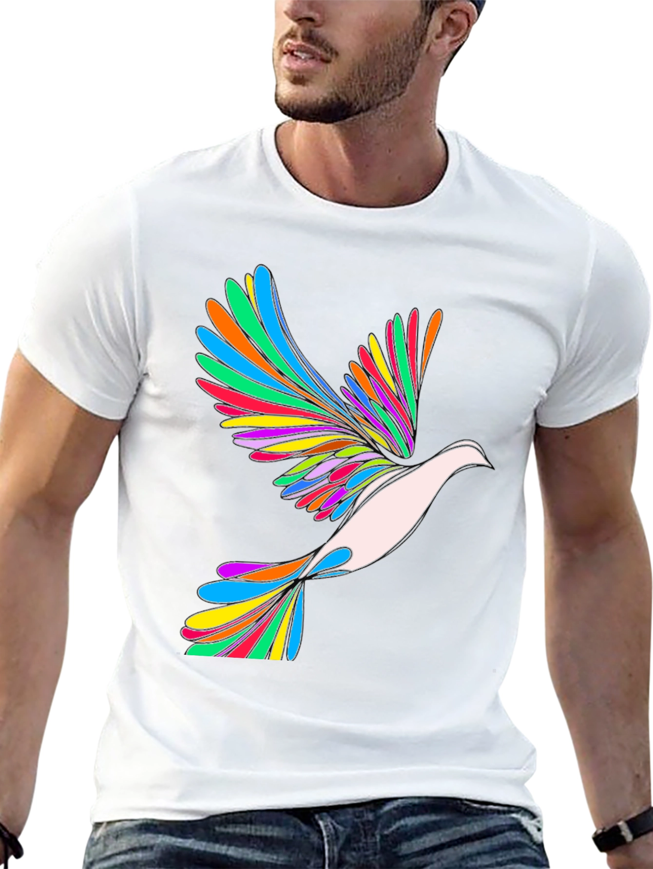 Rainbow Dove Graphic Print Black T-Shirt