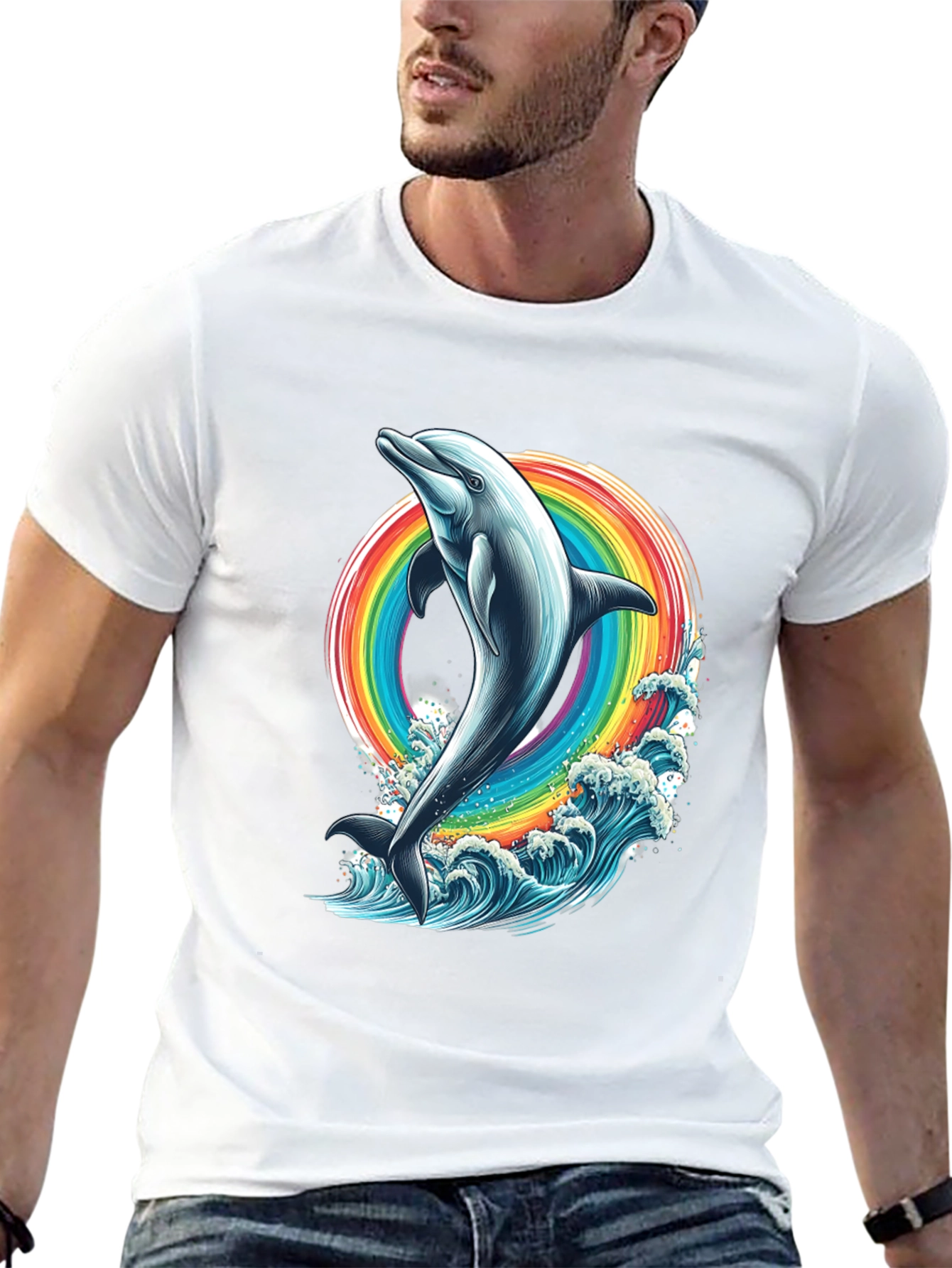 Dolphin Rainbow Graphic Tee - Black Cotton T-Shirt
