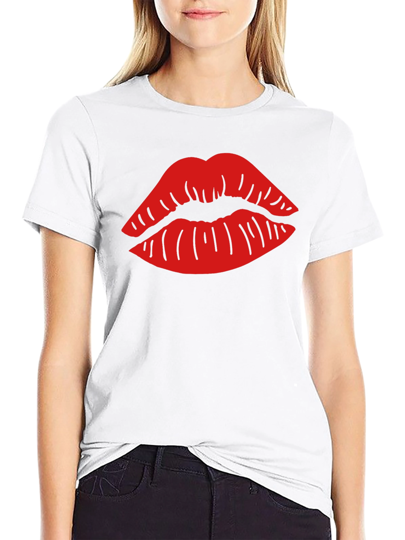 Red Lips Graphic Black T-Shirt