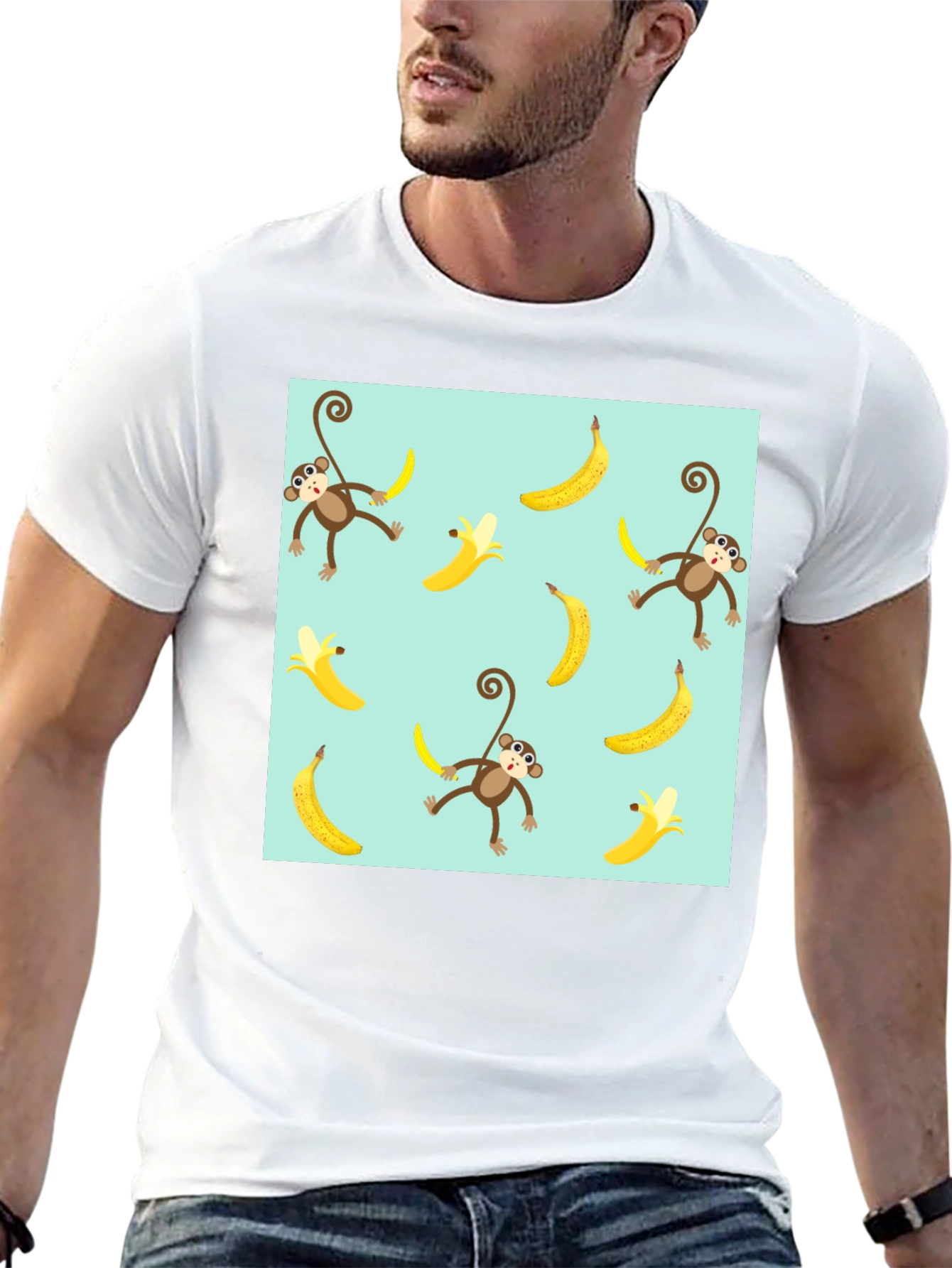 Monkey Banana Pattern Graphic Tee - Mens Black T-Shirt