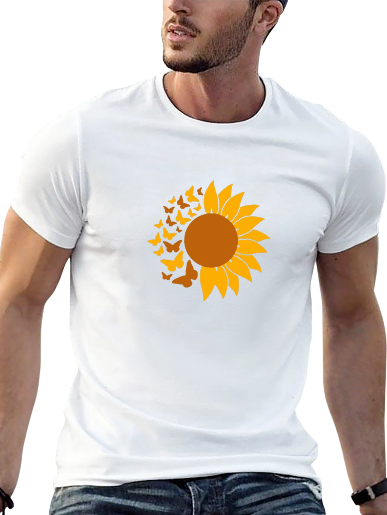 Sunflower Butterfly Graphic Tee - Black Cotton Shirt