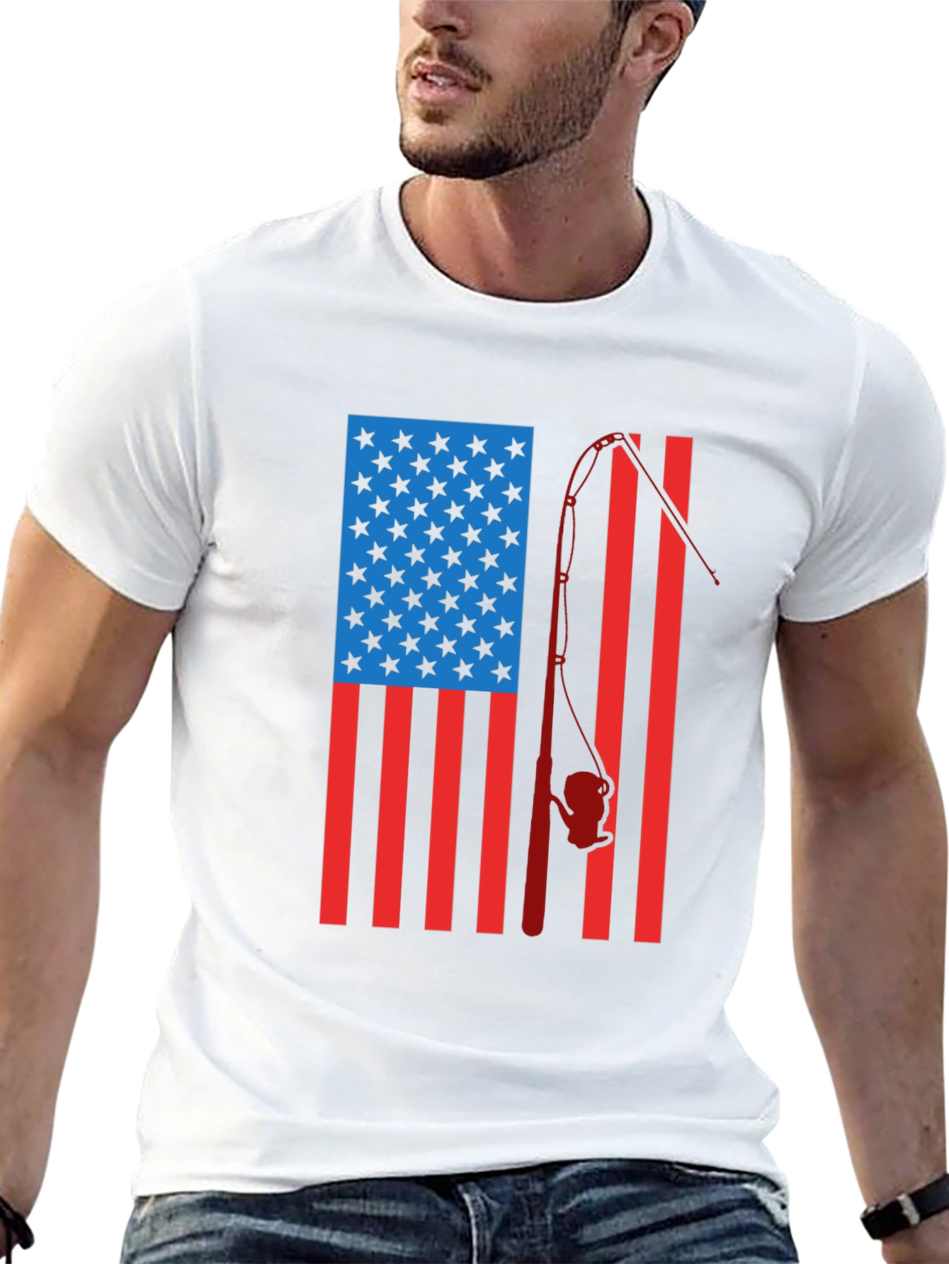 American Flag Fishing Rod Graphic T-Shirt