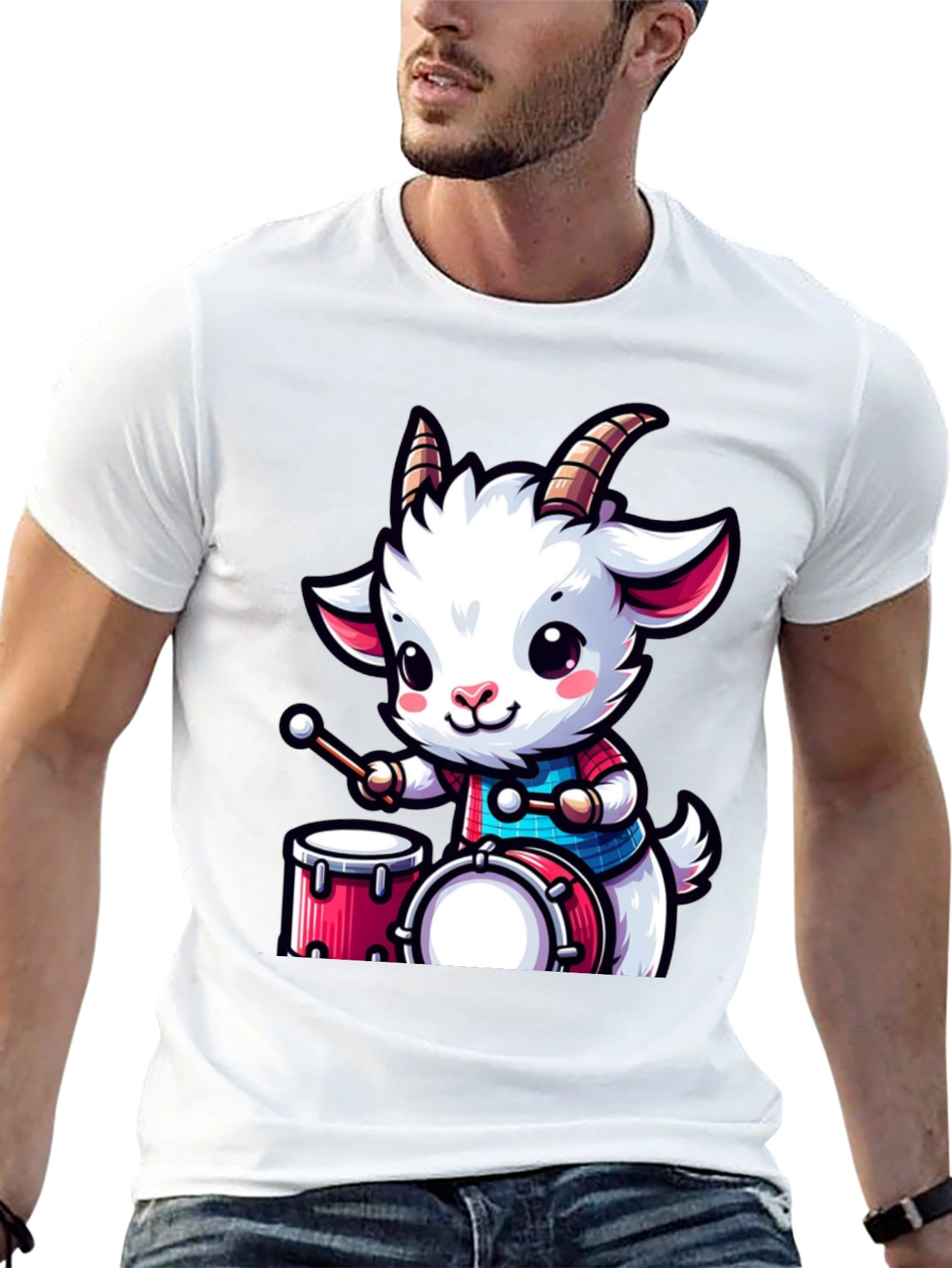 Cute Goat Drummer Black T-Shirt