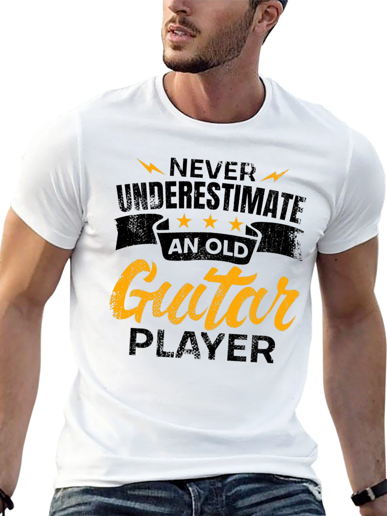 Never Underestimate Old Guitar Player Black Tee