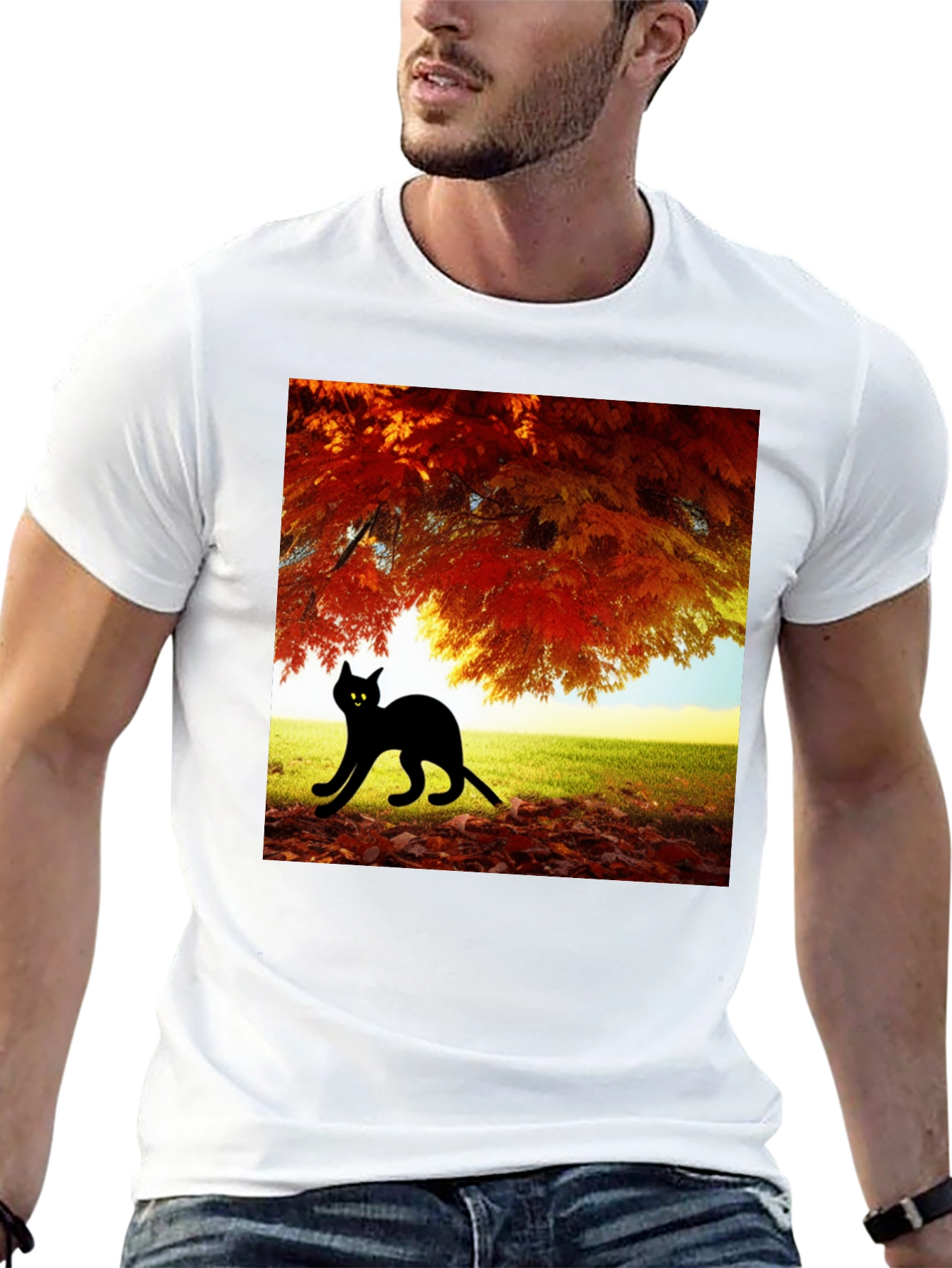 Fall Cat T-Shirt: Black Cat Under Autumn Tree