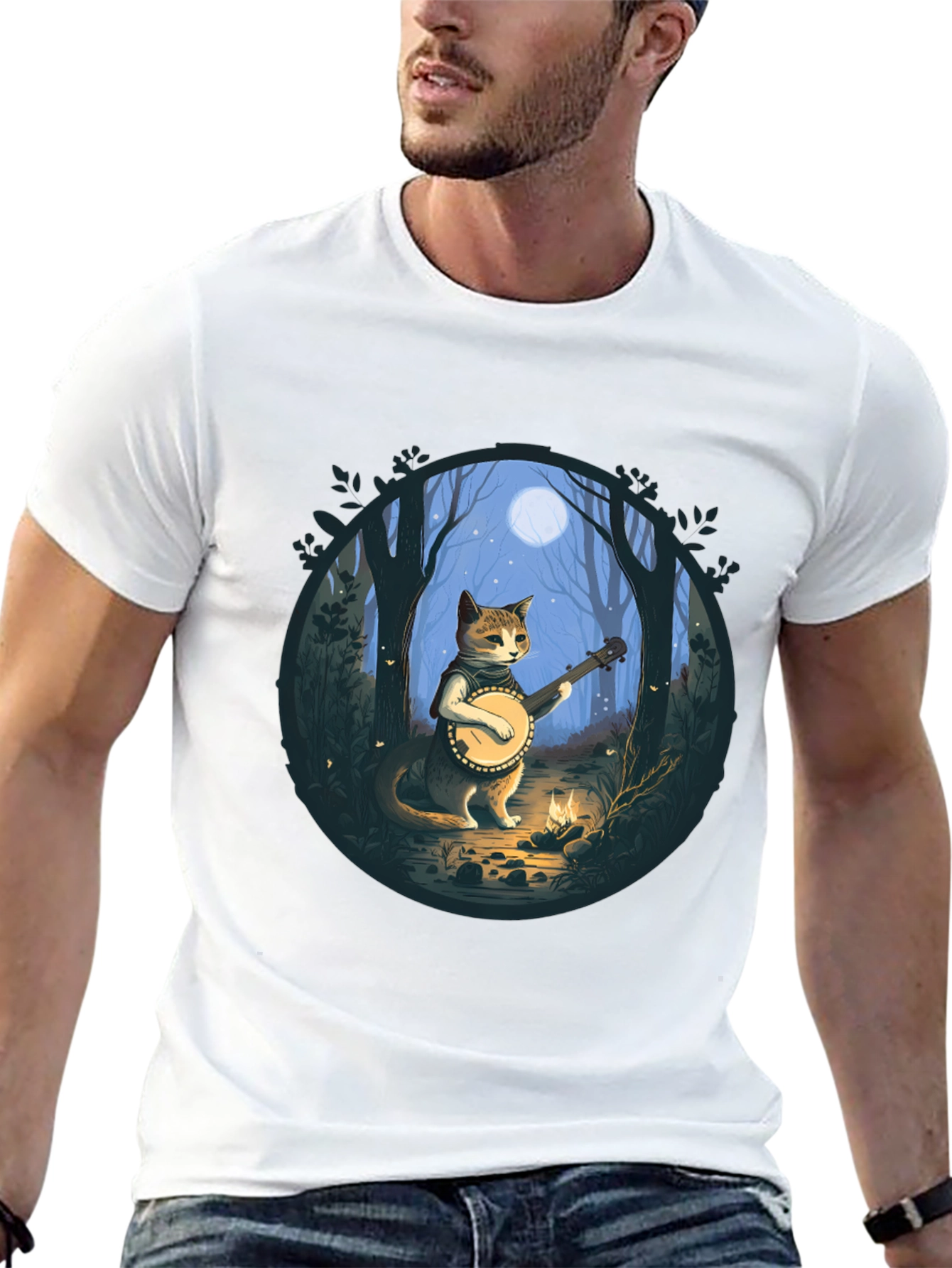 Banjo Cat T-Shirt - Forest Moonlight Design