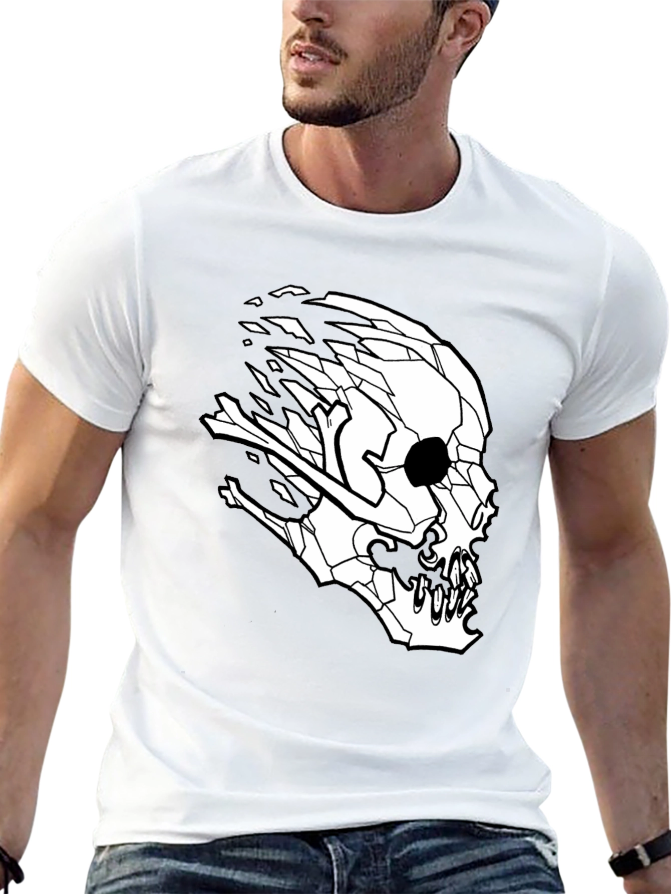 Mens Black T-Shirt with Geometric Skull Design
