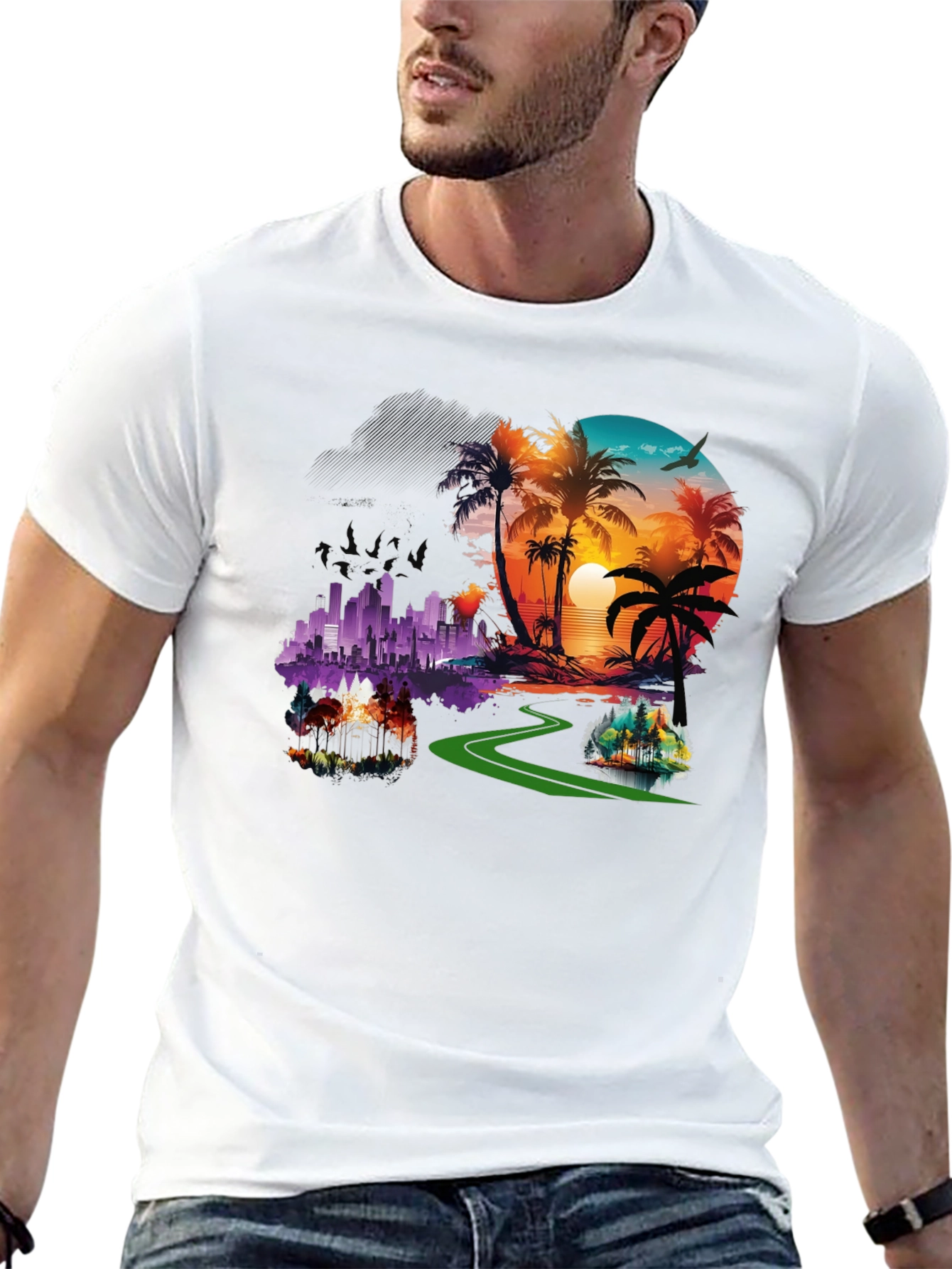 Tropical Cityscape Graphic Black T-Shirt