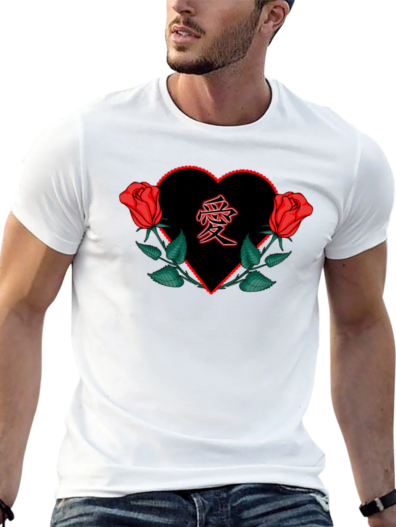 Red Rose Heart Love Graphic Black Tee