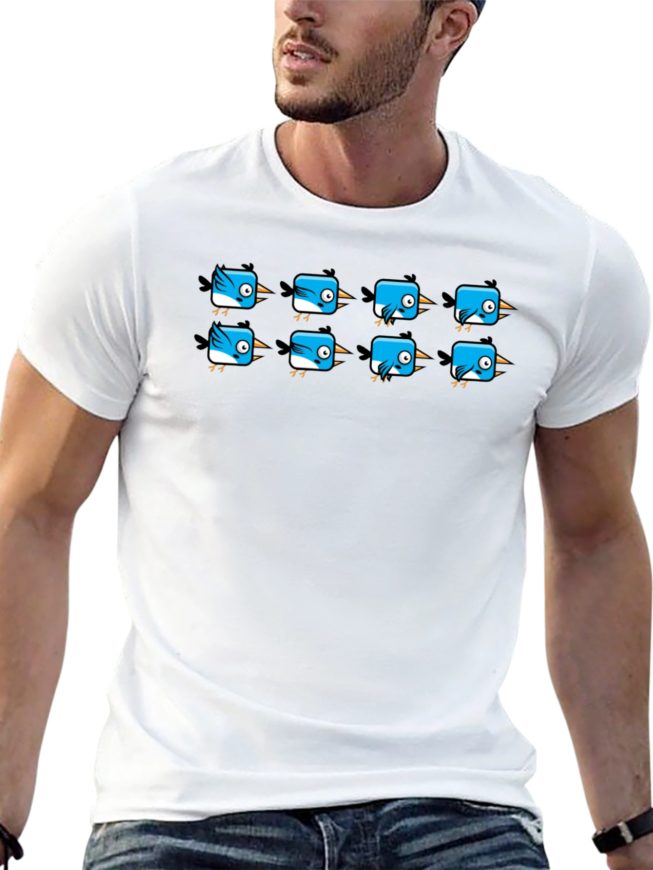Cute Blue Bird Pattern Black T-Shirt