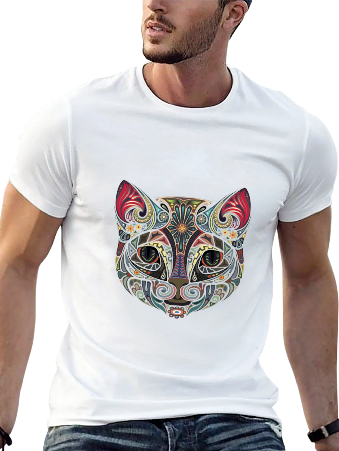 Abstract Cat Graphic Tee - Stylish Black T-Shirt