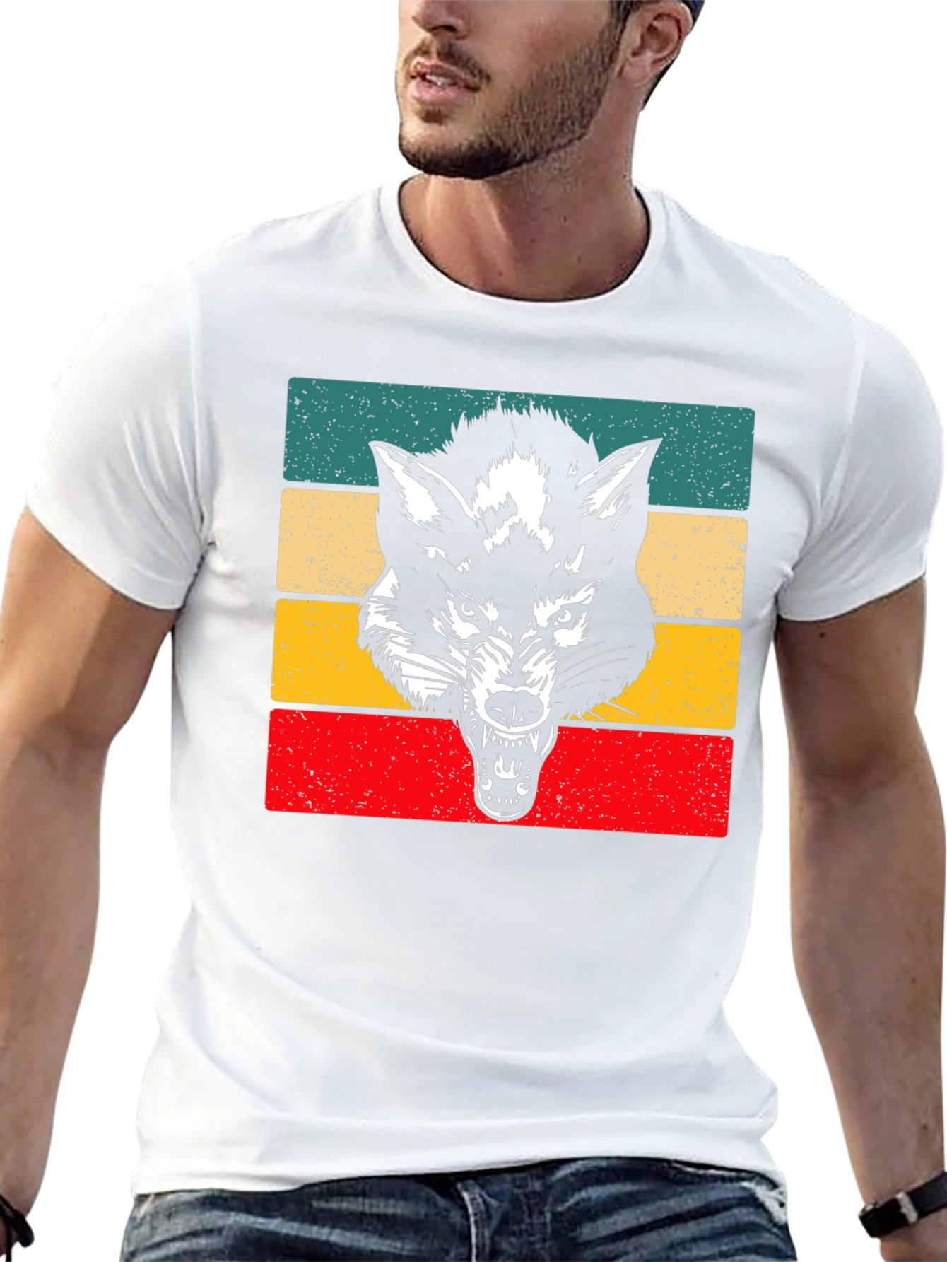Retro Wolf Graphic Tee - Black Cotton T-Shirt