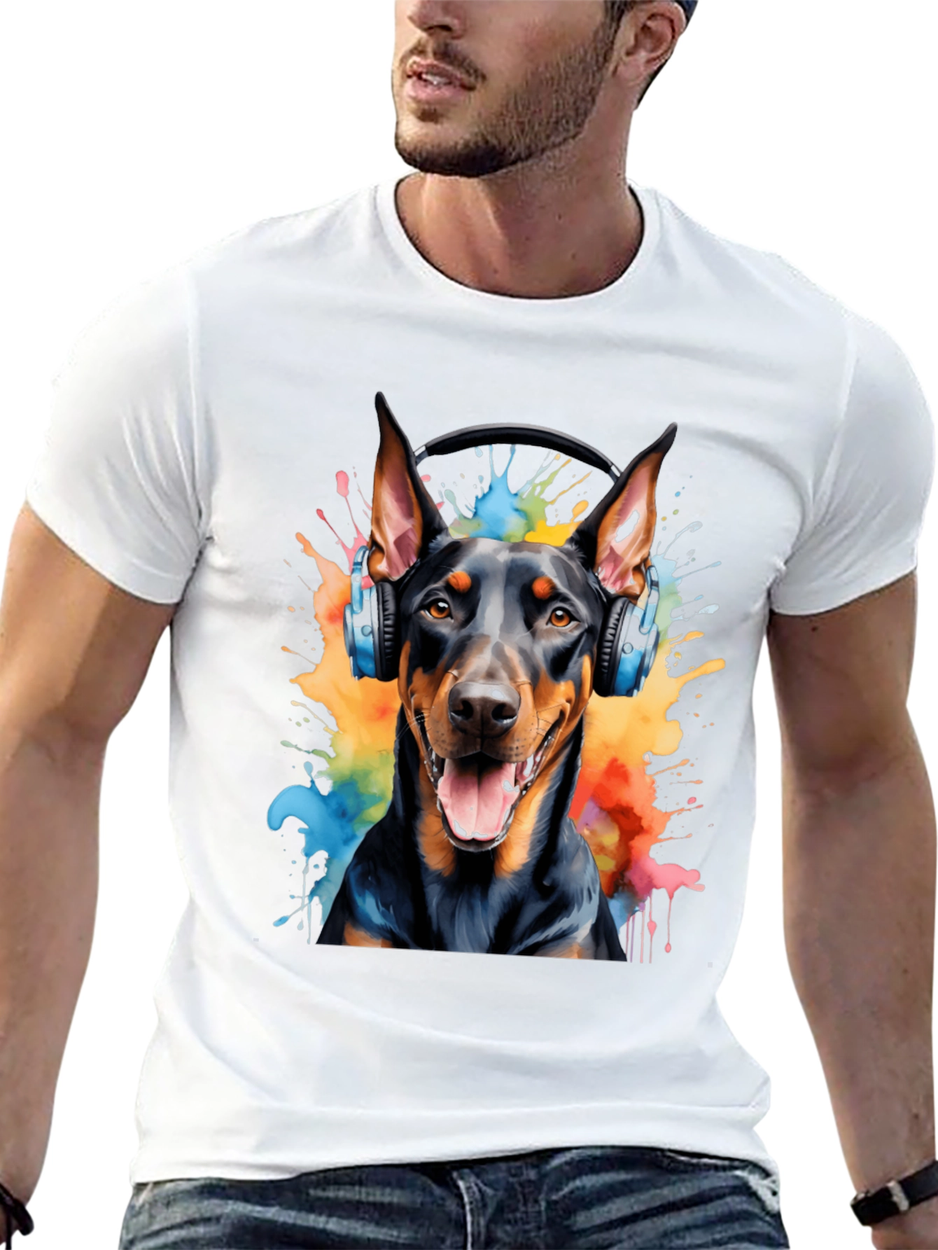 Doberman Dog Headphones Graphic T-Shirt
