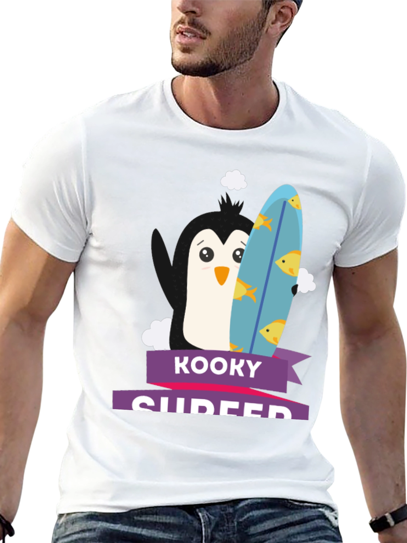Kooky Surfer T-Shirt - Penguin with Surfboard