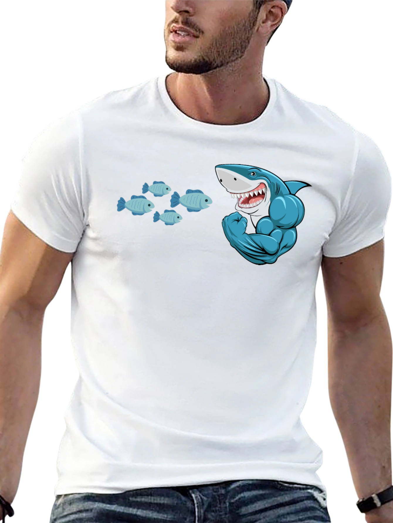 Shark and Fish Graphic T-Shirt - Muscle Shark