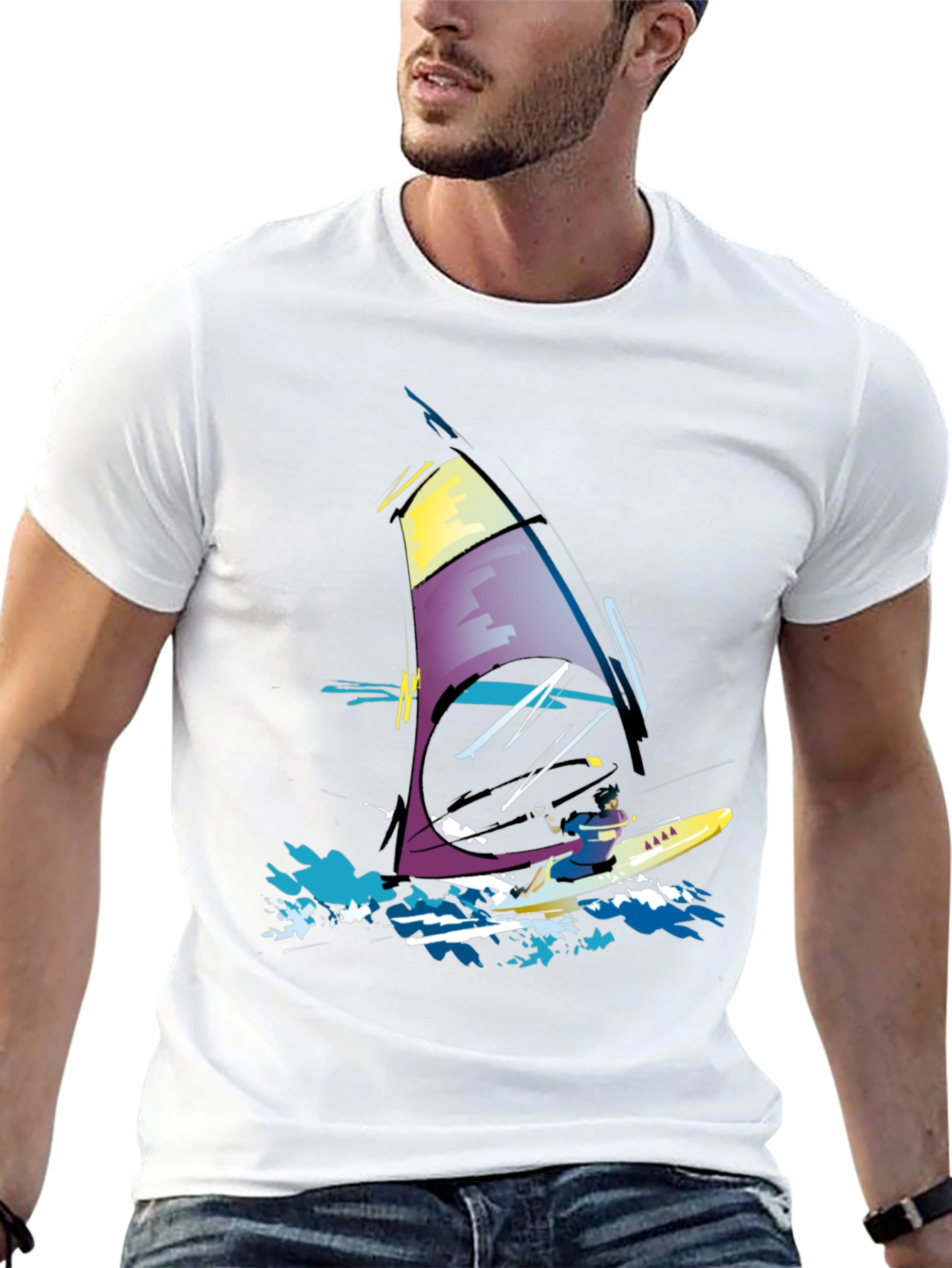Windsurfing Graphic Tee - Black Cotton T-Shirt