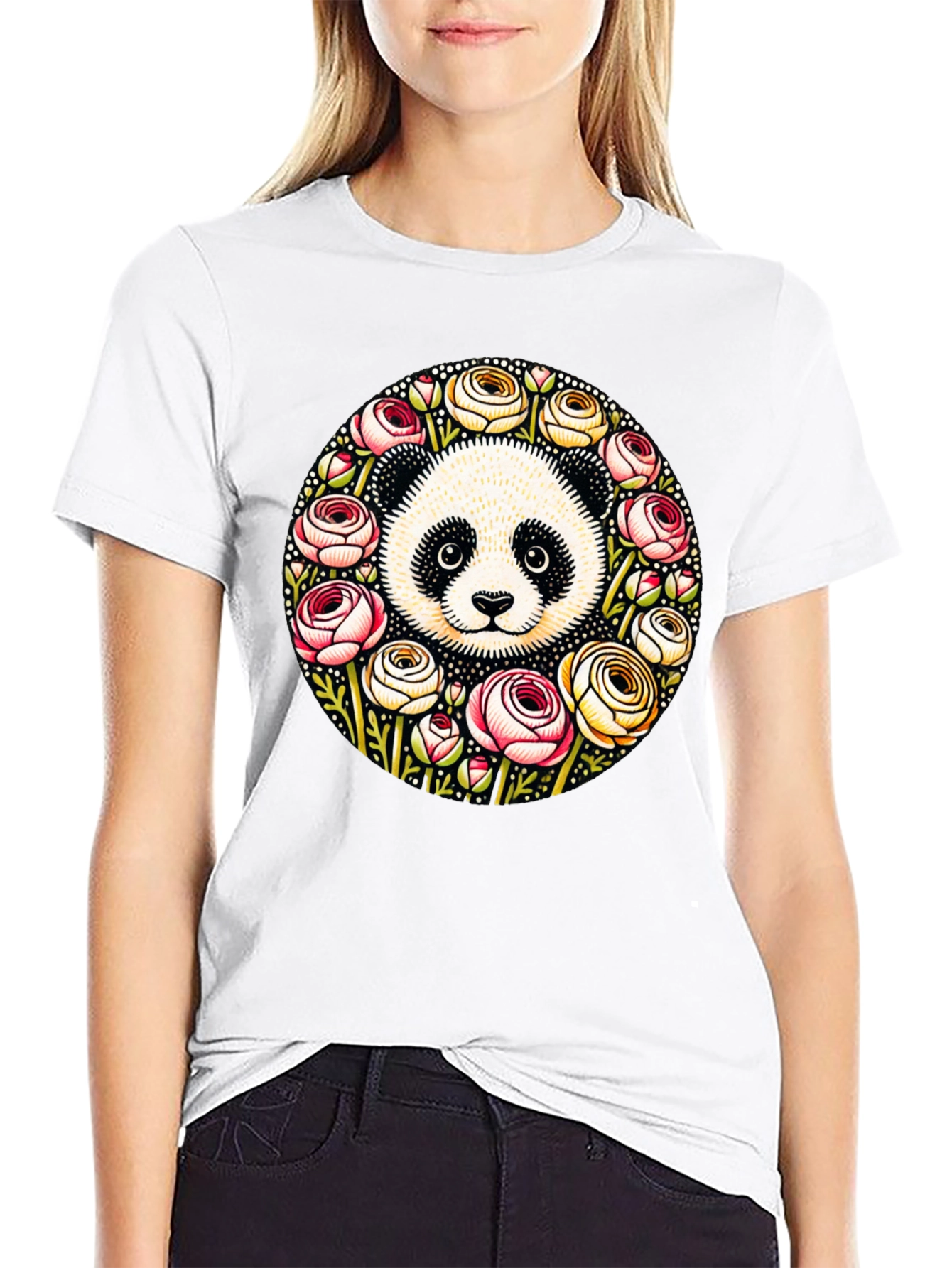 Panda & Floral Wreath Black T-Shirt