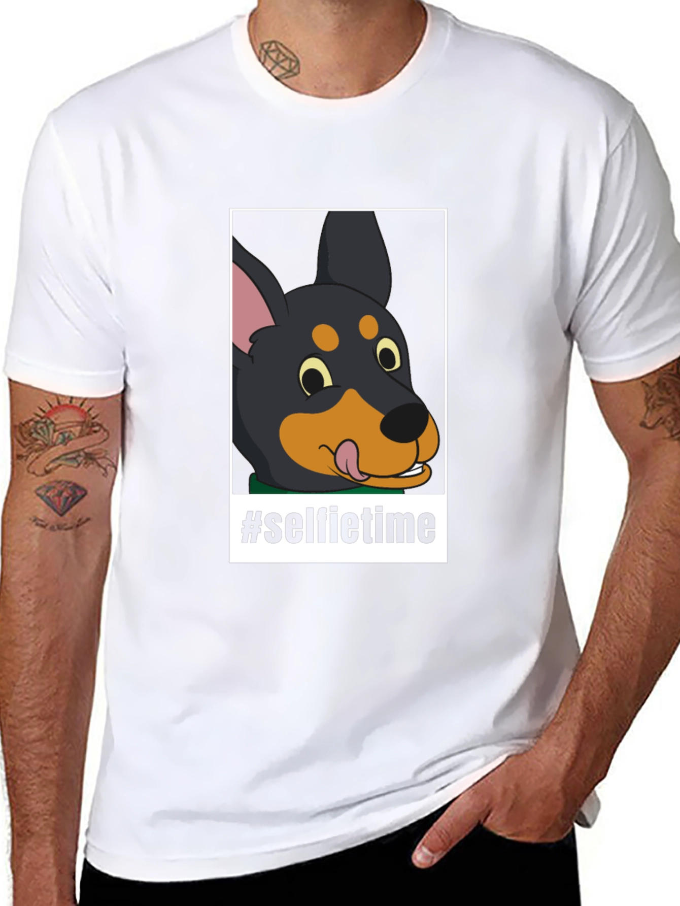 Cartoon Dog Selfie Time Black T-Shirt