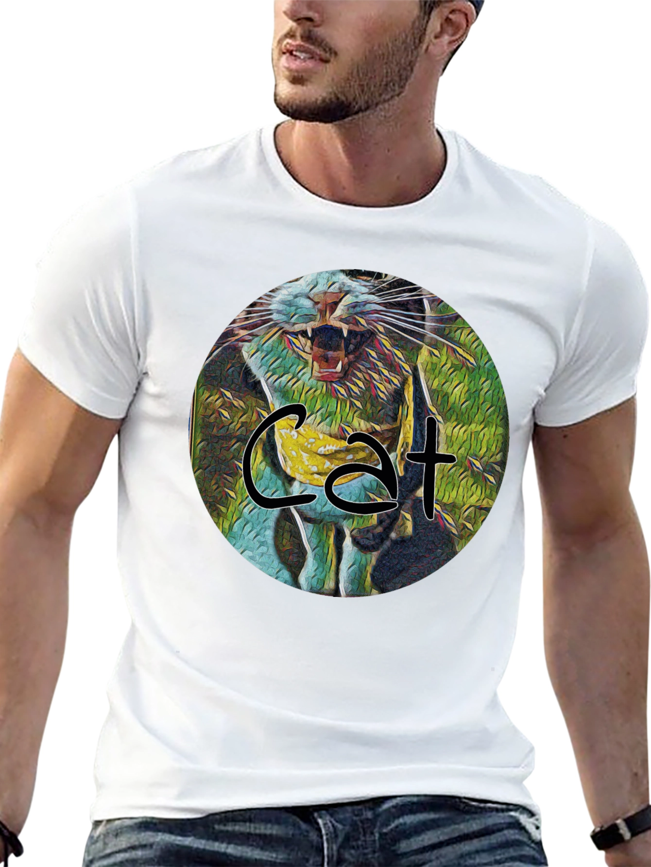 Cat Graphic Print Black Tee