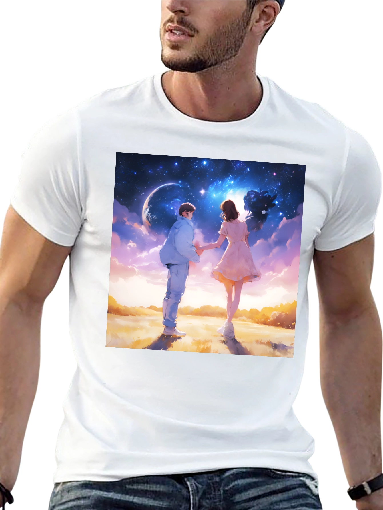 Romantic Couple Galaxy Graphic Tee - Black