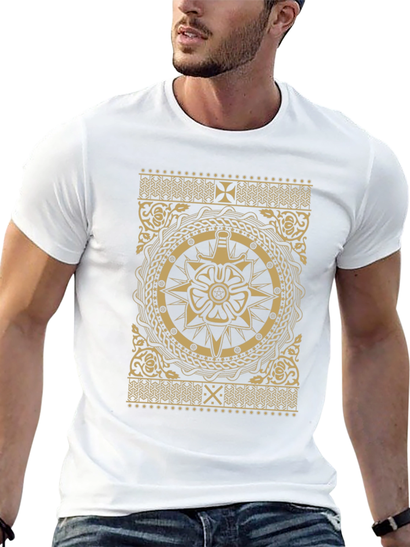 Ornate Black T-Shirt with Gold Medieval Design