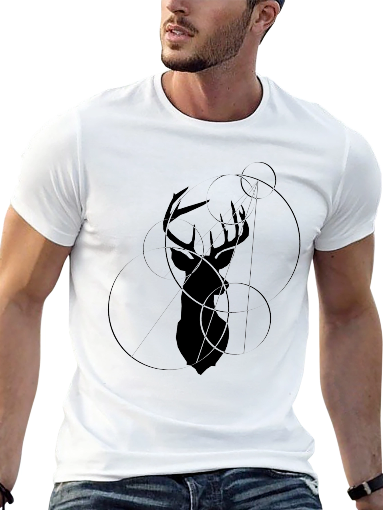 Geometric Deer Head Graphic Black T-Shirt