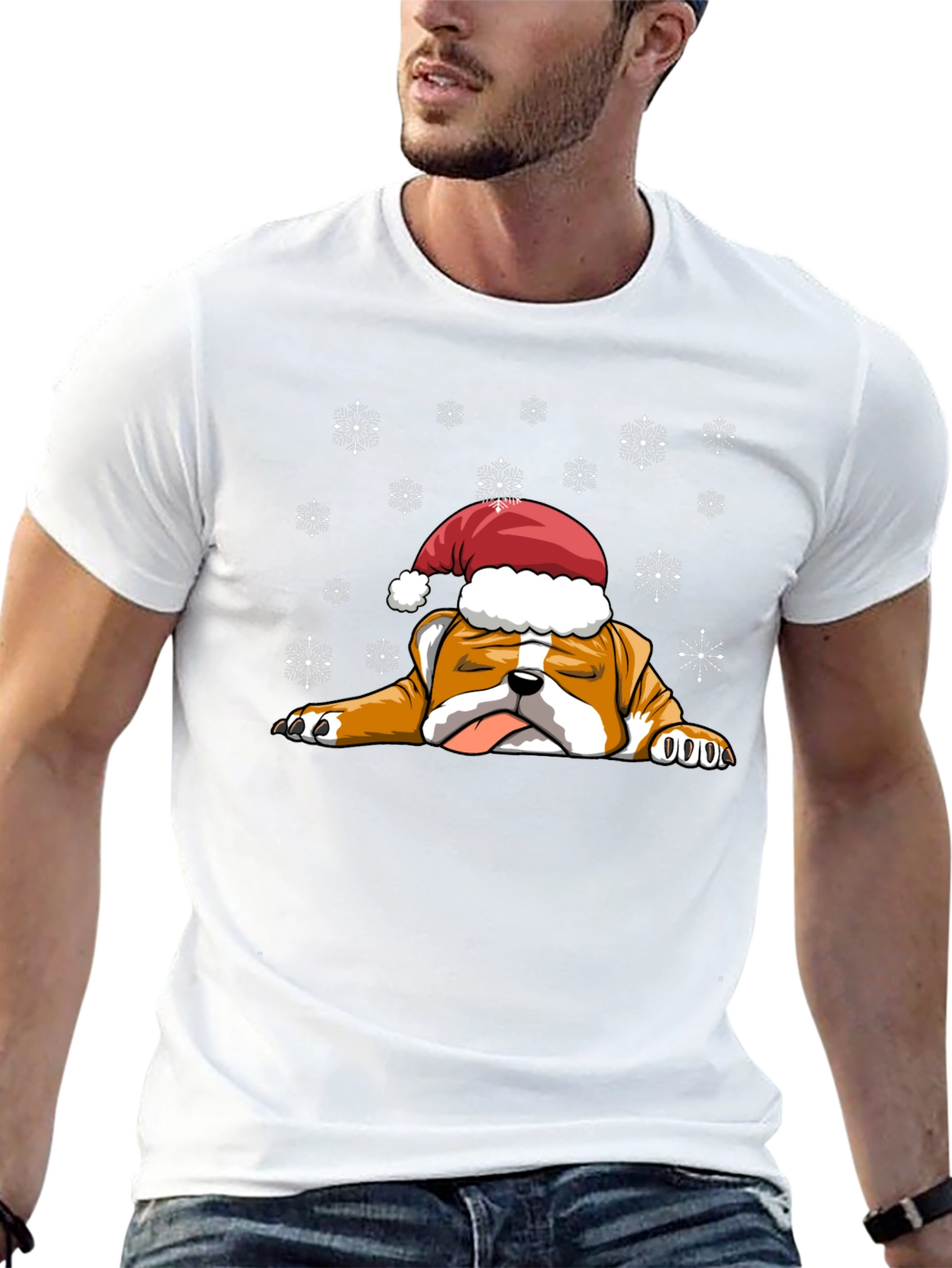 Bulldog Christmas T-Shirt - Santa Hat Cute Dog Tee