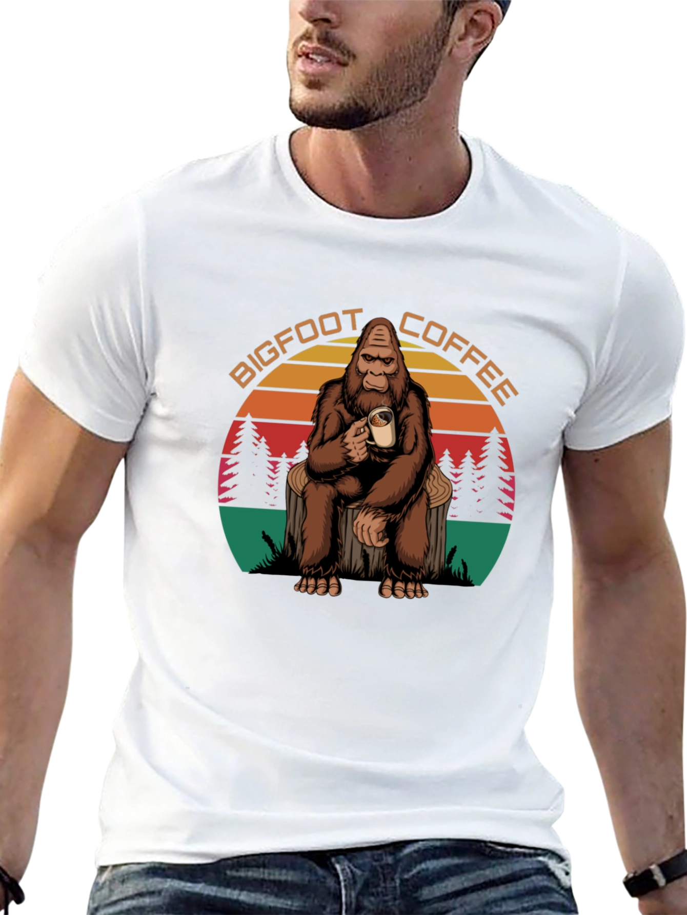 Bigfoot Coffee Graphic Tee - Sasquatch Drinking Coffee T-Shirt