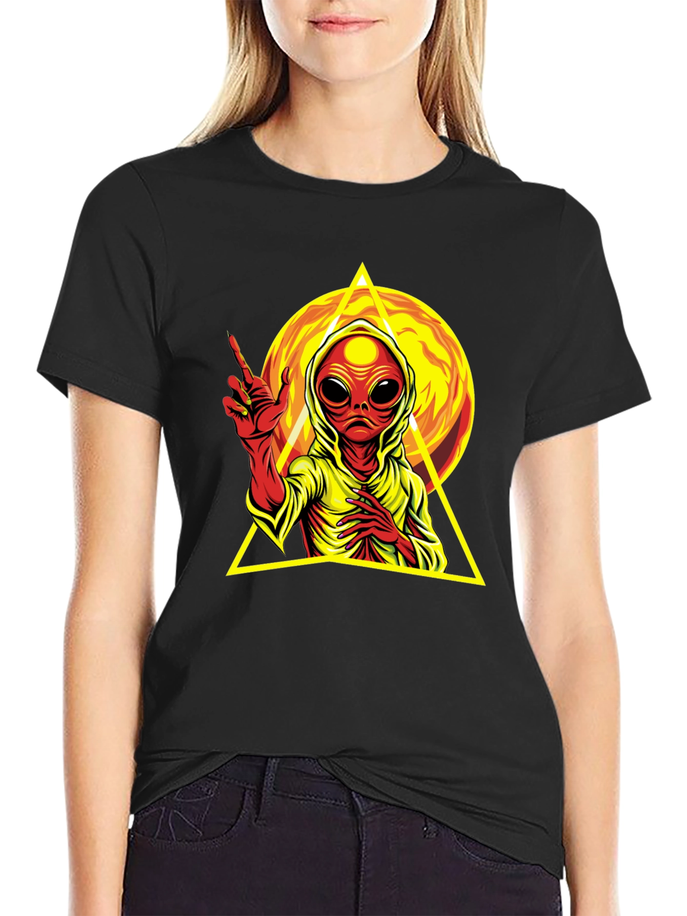 Alien in Hoodie Graphic T-Shirt - Black Cotton Tee