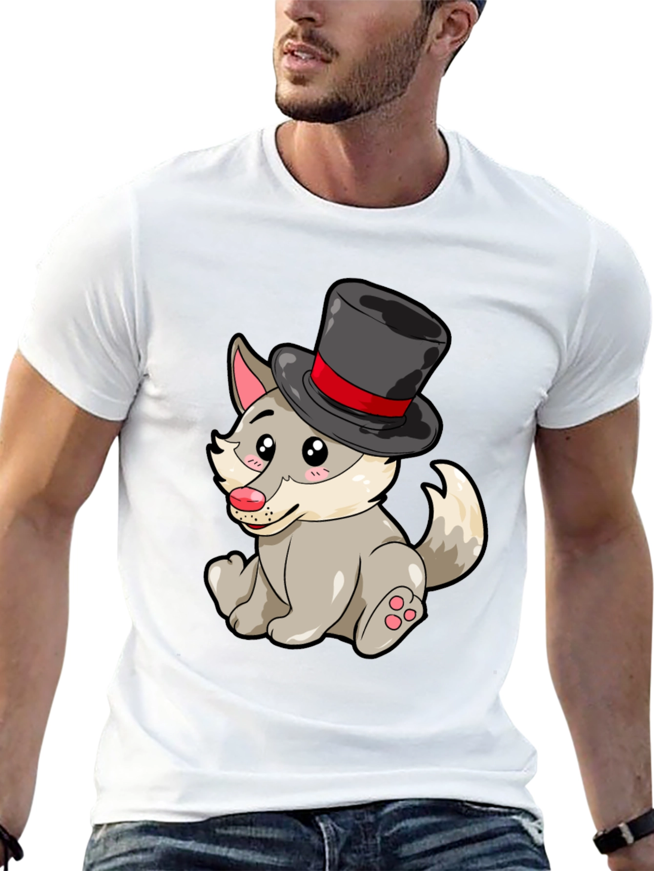 Wolf with Hat Graphic Tee - Funny Animal T-Shirt