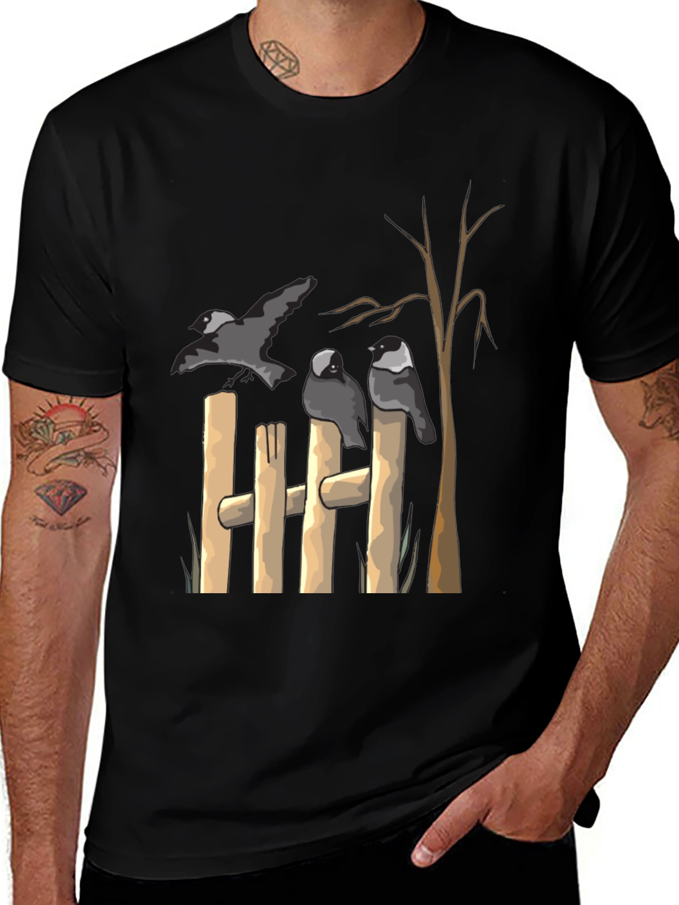 Birds on Fence Graphic Black T-Shirt
