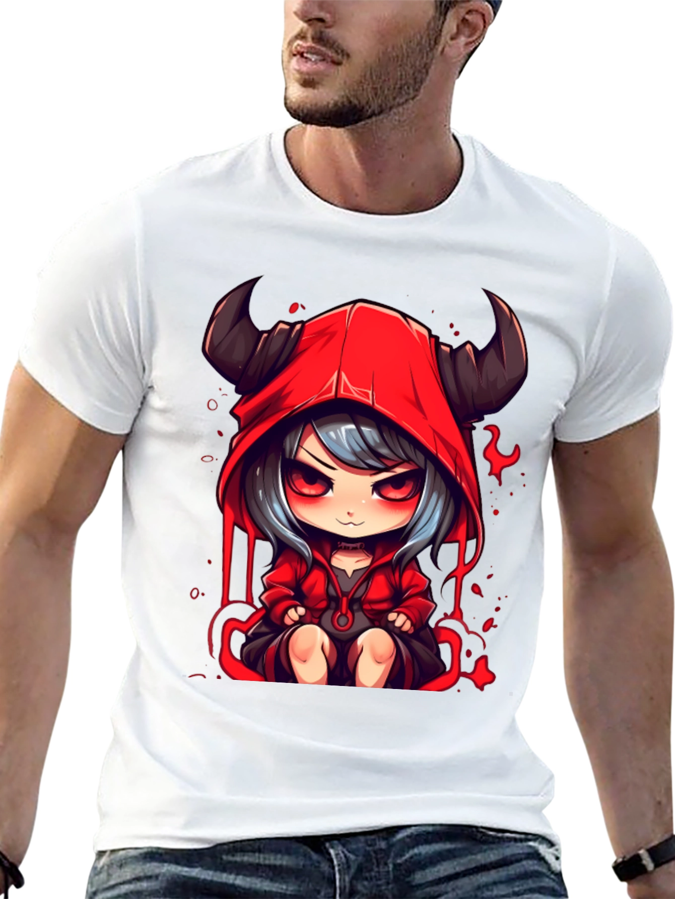 Anime Devil Girl Graphic Tee - Black Cotton T-Shirt