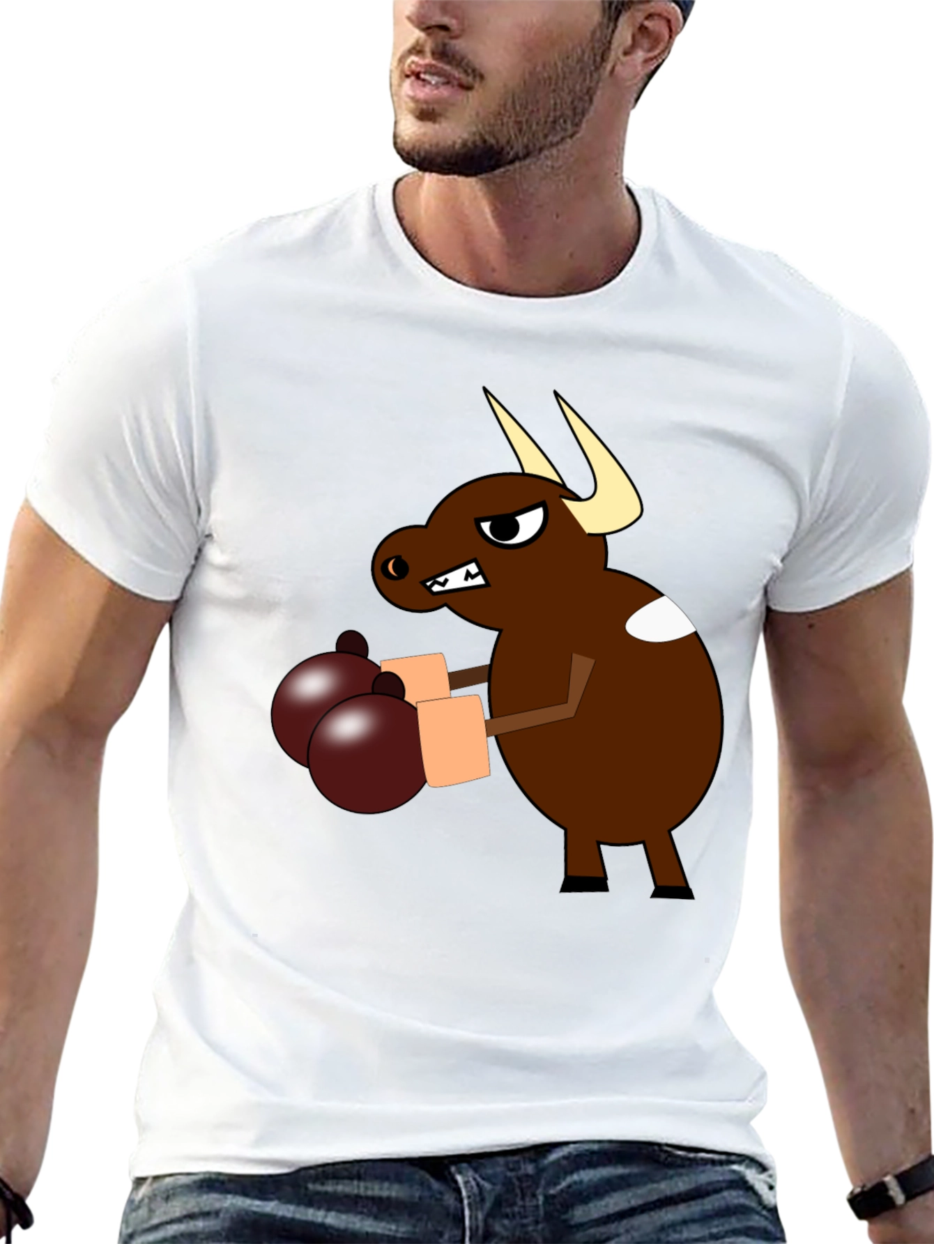 Cartoon Boxing Bull Black T-Shirt