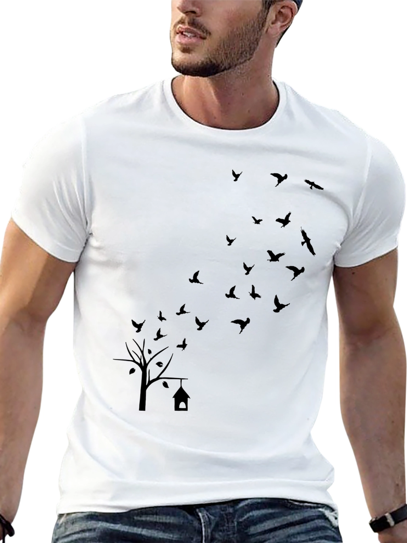 Mens Black T-Shirt: Birds & Tree Graphic Print