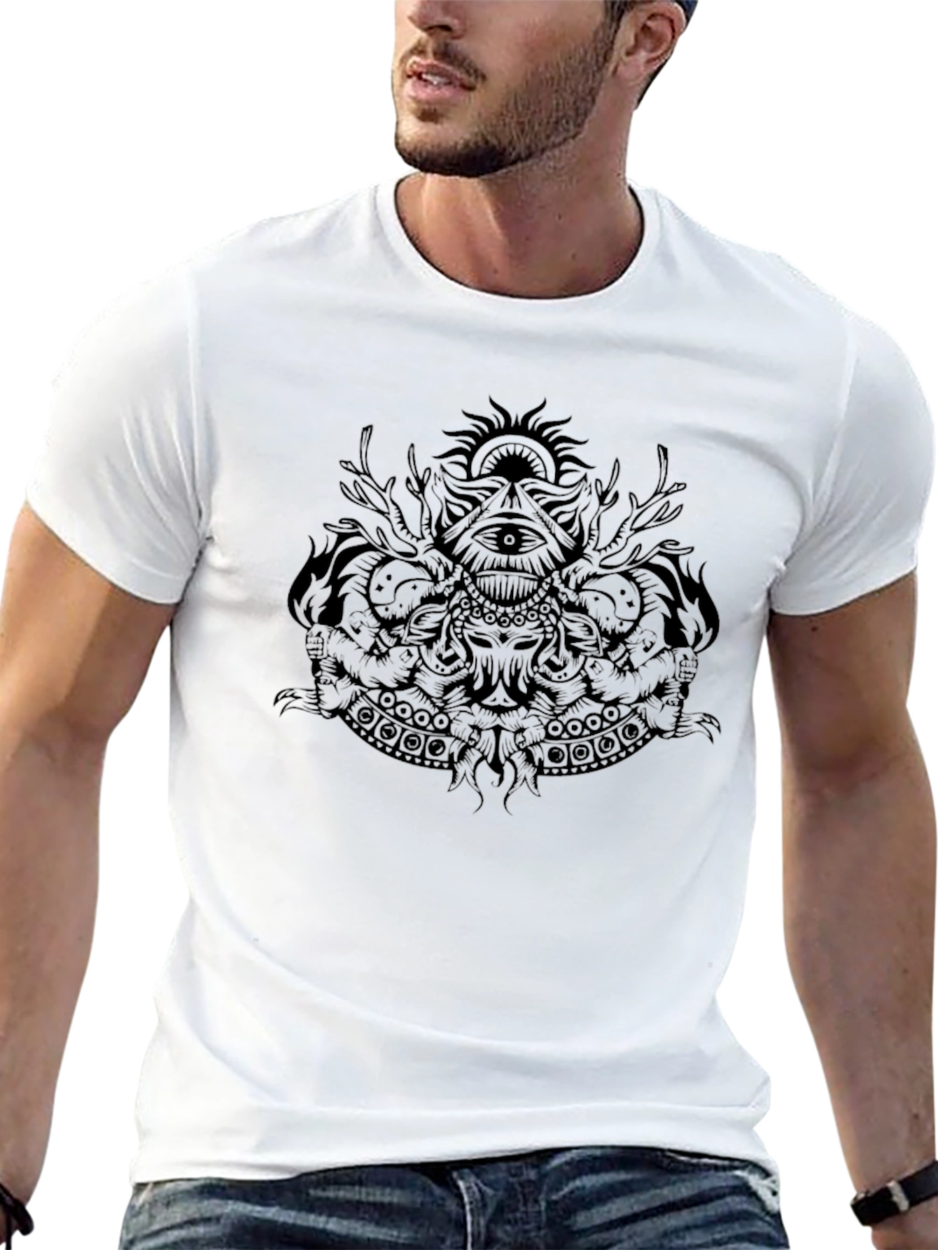 Mens Black Graphic Print Crew Neck Tee