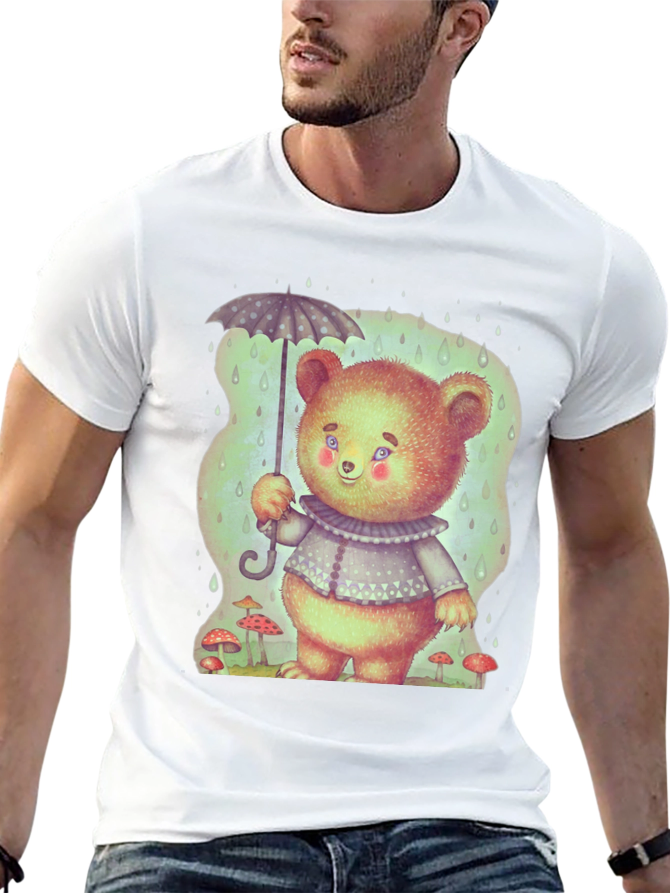 Cute Bear with Umbrella Black T-Shirt