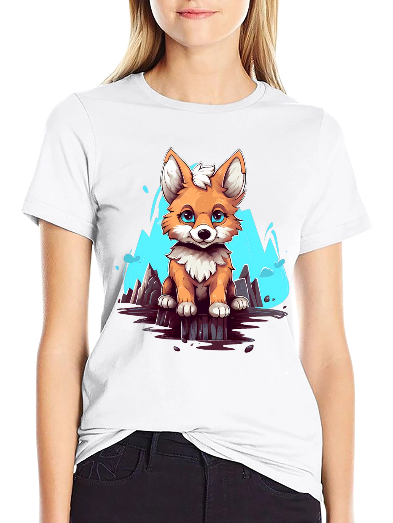 Cute Fox Graphic Tee - Soft Black Cotton Shirt