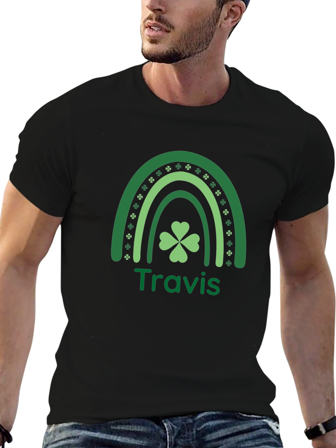 St. Patricks Day Travis Rainbow Clover T-Shirt