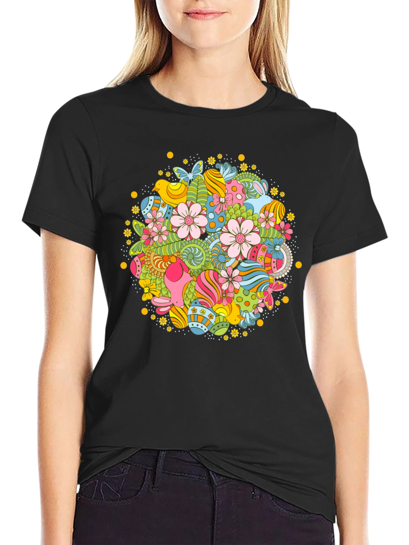 Easter Egg Floral Pattern Black T-Shirt