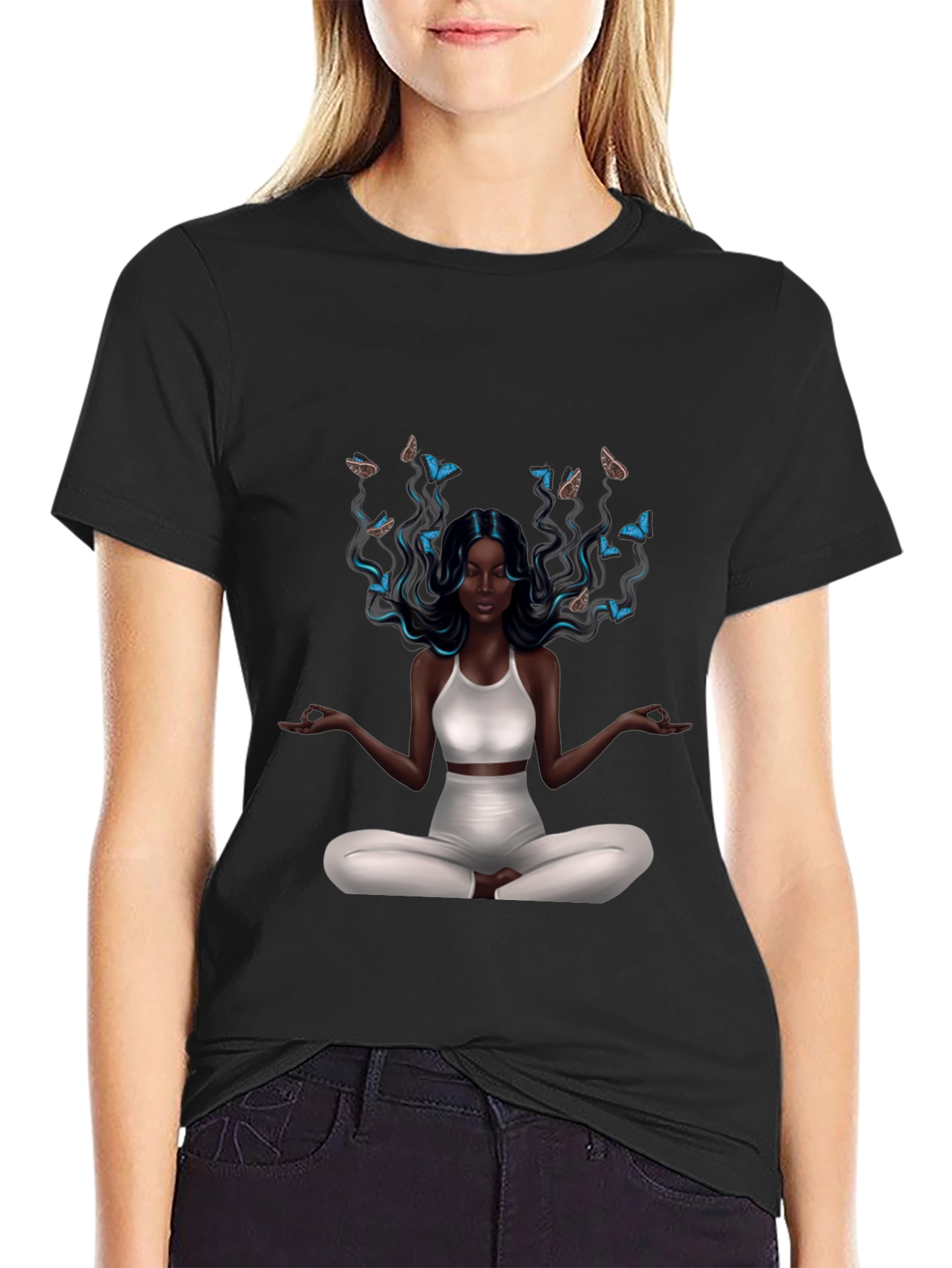 Zen Meditation Woman Butterfly Graphic T-Shirt