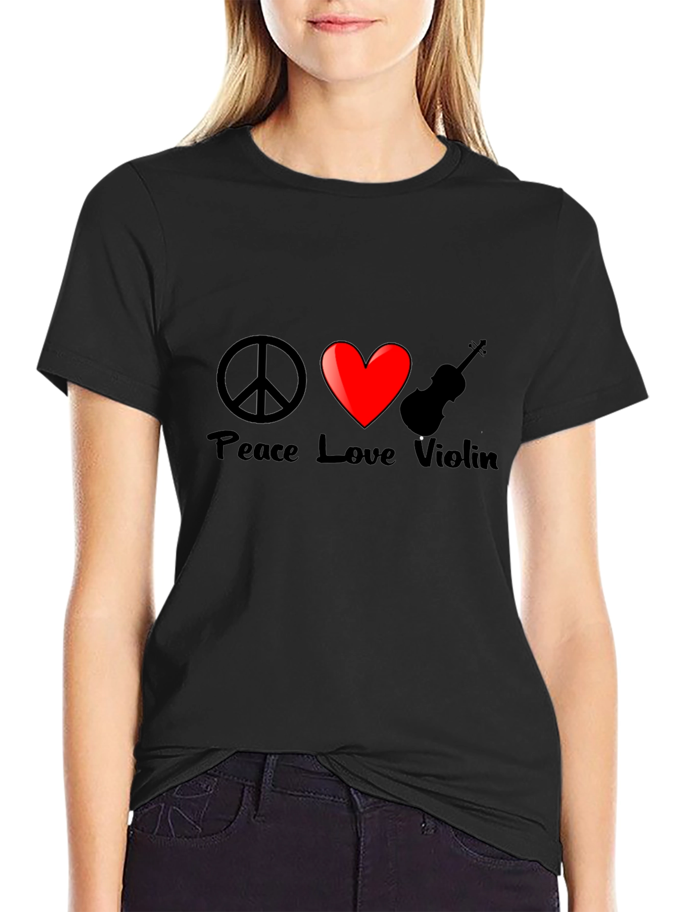 Peace Love Violin Graphic T-Shirt - Black