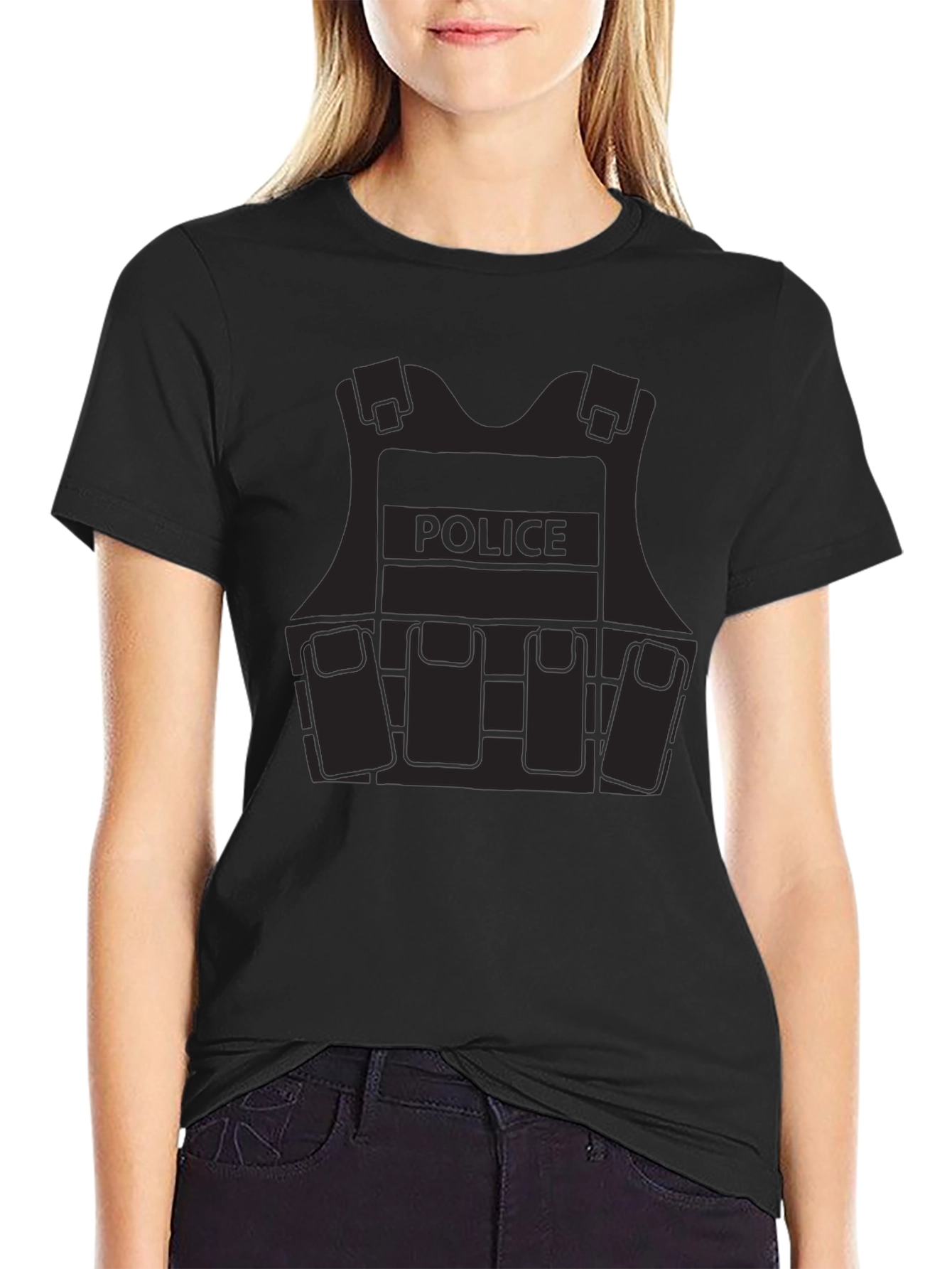 Police Vest Graphic Tee - Black Cotton Blend