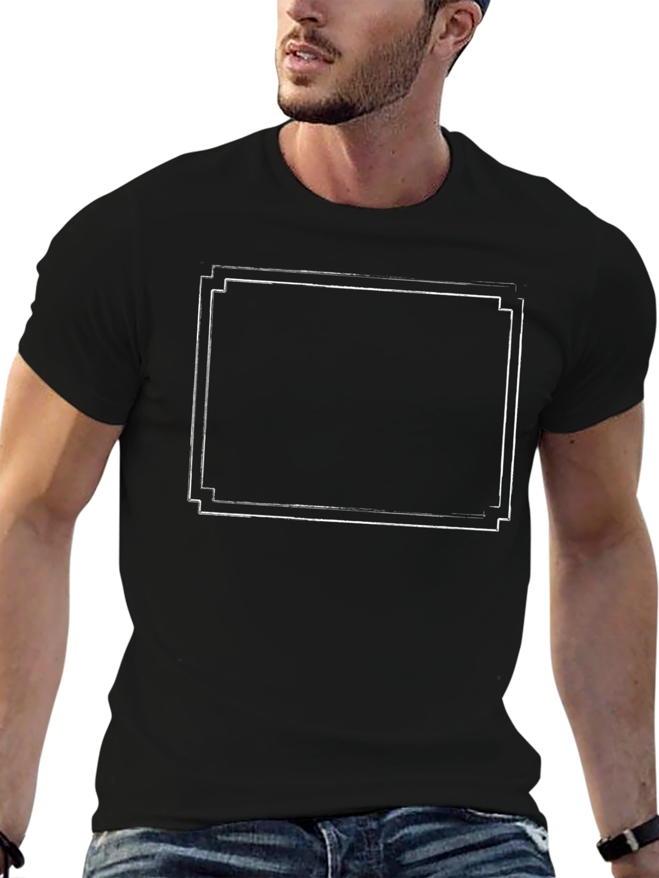 Mens Black Graphic Tee with Double Border Design