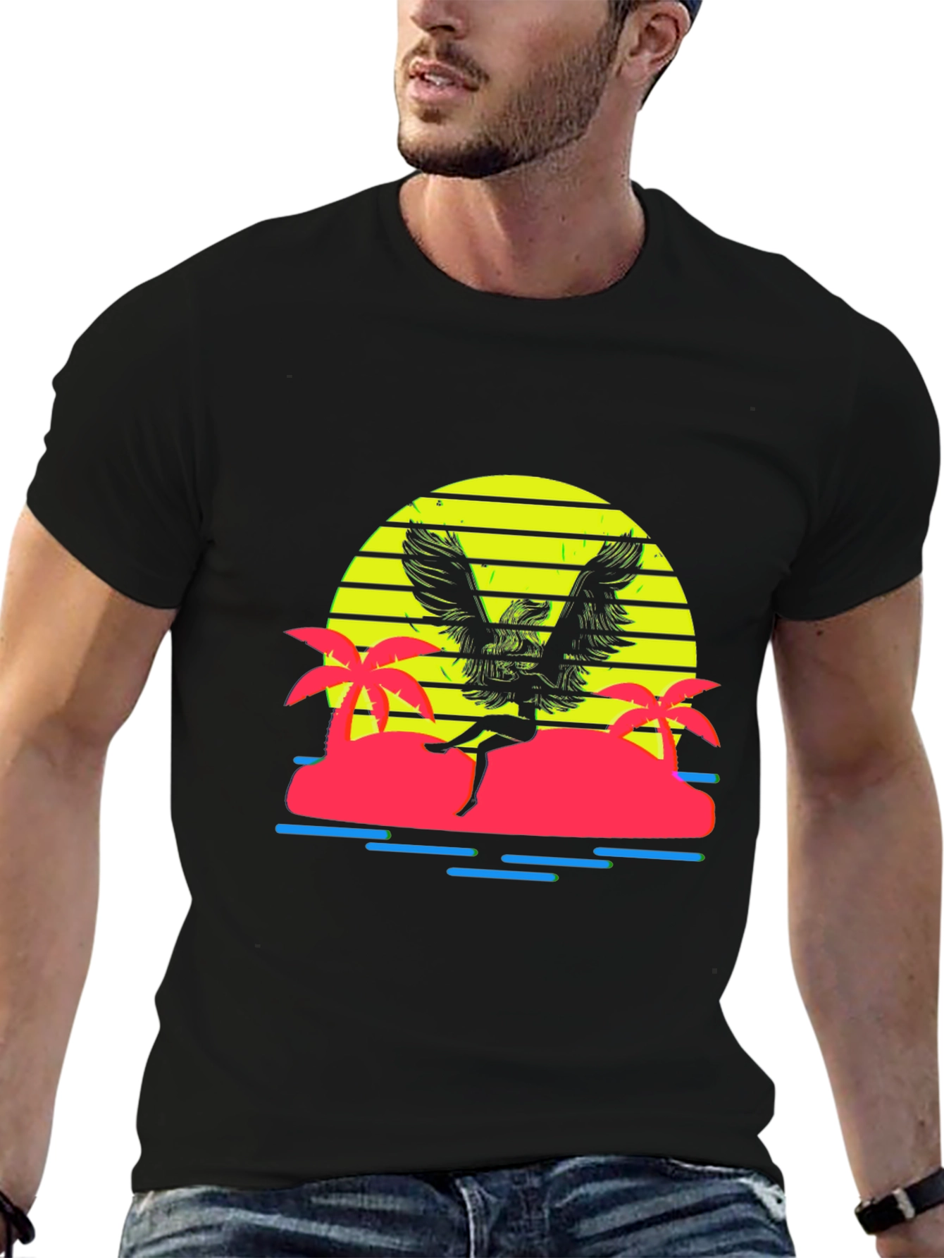 Retro Sunset Winged Woman Black T-Shirt